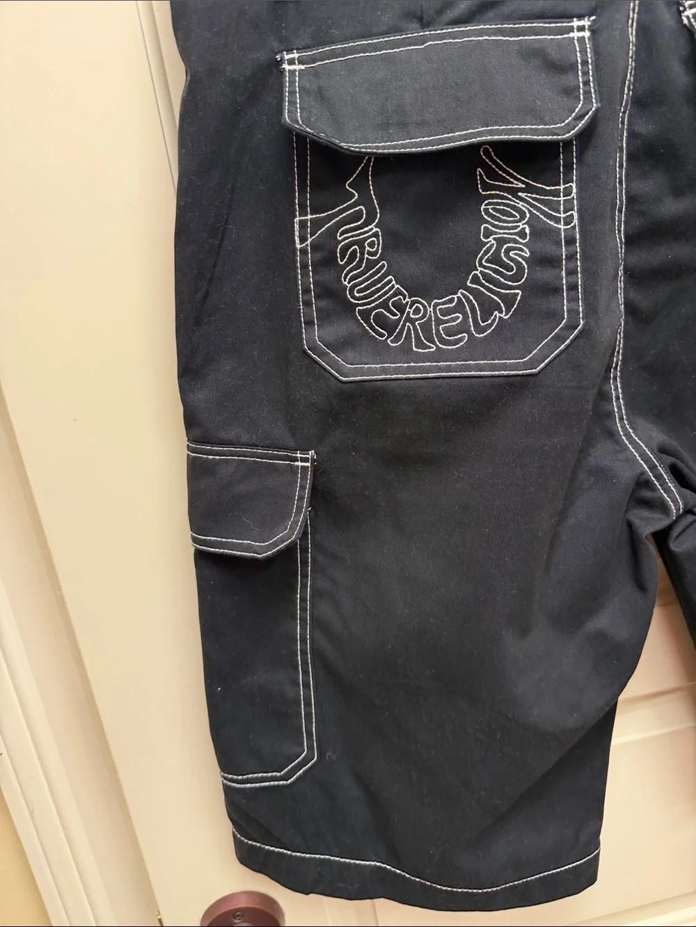 True Religion Black Cargo Shorts with White Contrast Stitching
